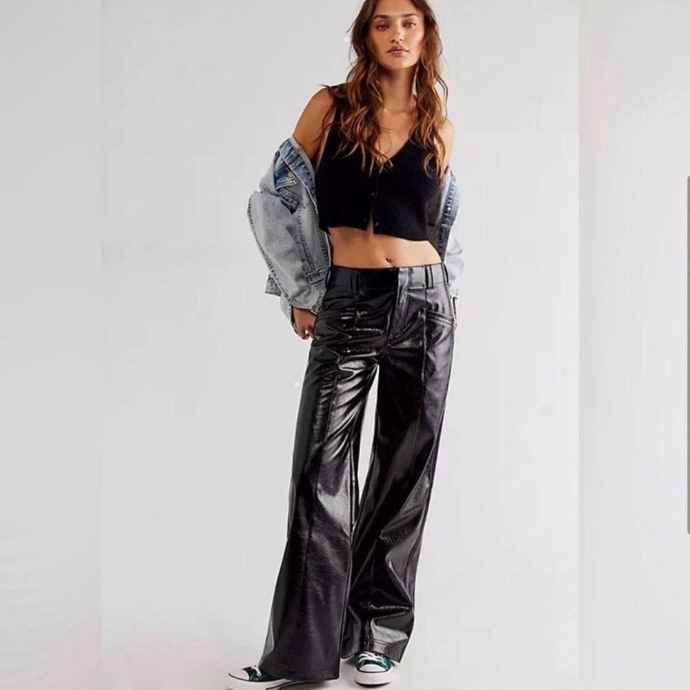 Free People Wide Leg Vegan Faux Leather Pants Women 10 Star Crossed Lovers Black